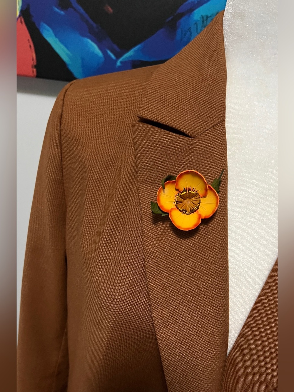 🇨🇦 Vintage ’80s Artisan Leather Art Flower Brooch • Flame-Tipped Apricot Bloom